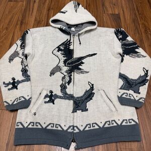 Vintage Tejidos Ruminahui Wool Sweater Mens XL Gray Eagle AOP Full Zip Hooded